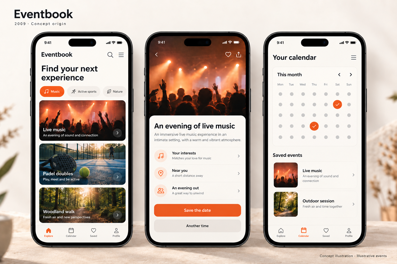 Eventbook için ilgi alanlarına göre etkinlik keşfi, etkinlik ayrıntısı ve kişisel takvim ekranlarını gösteren konsept tasarım.